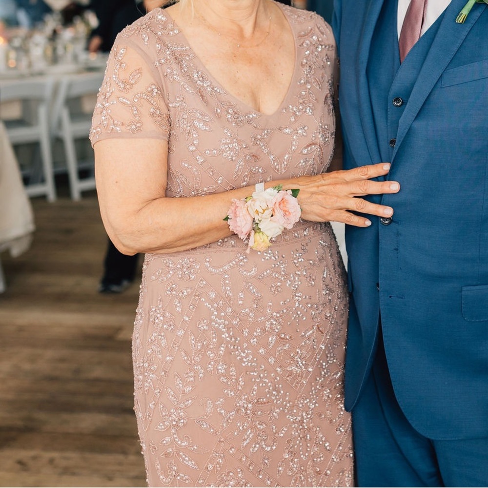 Oleg Cassini v-neck beaded sheath with illusion sleeves